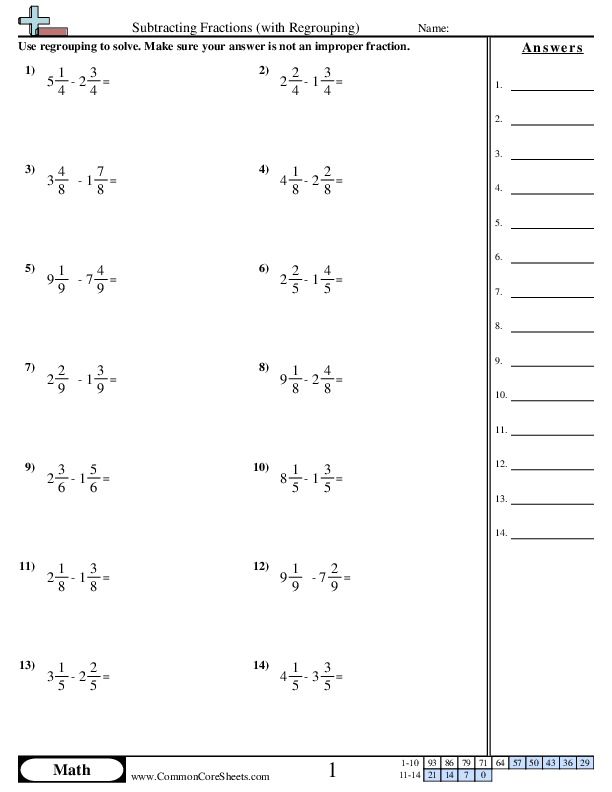 Subtracting Fractions (with regrouping) Worksheet - Subtracting Fractions (with regrouping) worksheet